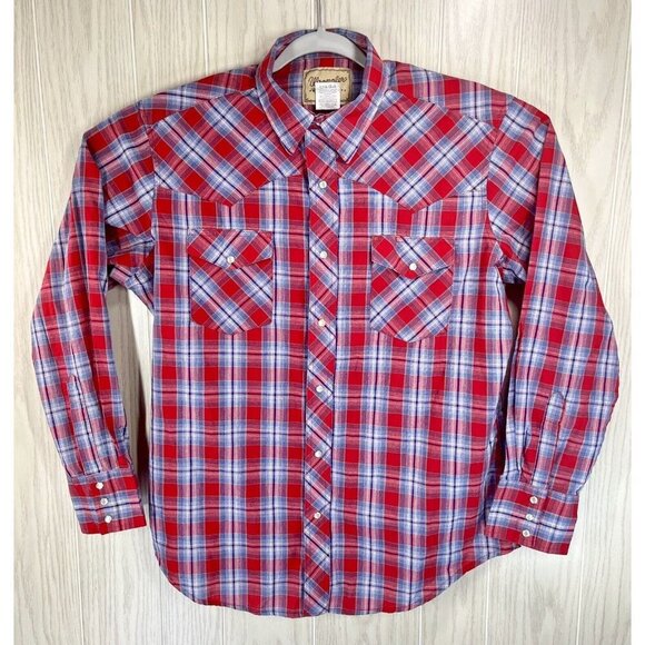 Wrangler Pearl Snap Shirt Men’s Large Red Plaid Long Sleeve Western Rodeo Cowboy - Picture 2 of 7